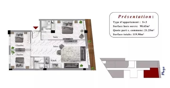 A Vendre un appartement s+3 au rez de chaussée