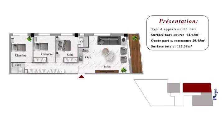 A Vendre un appartement s+3 au rez de jardin